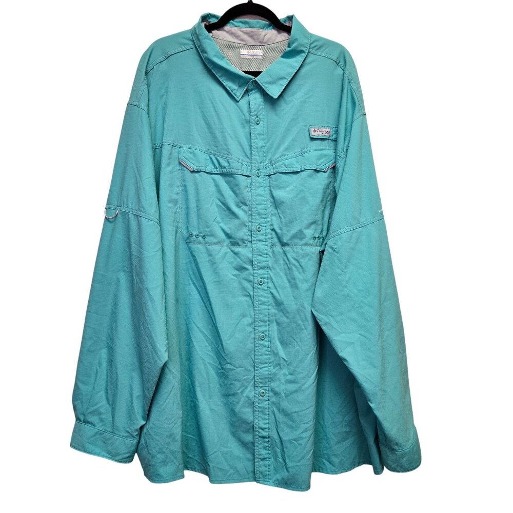 Columbia PFG Omni Shade‎ Fishing Shirt Outdoors Mens Turquoise Long Sleeve Shirt